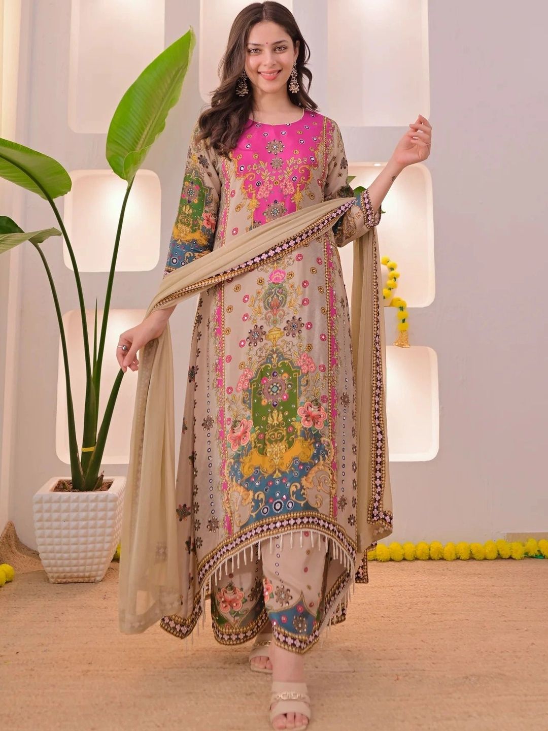 Women Ethnic Motifs Printed Regular Silk Crepe Kurta with Patiala & With Dupatta