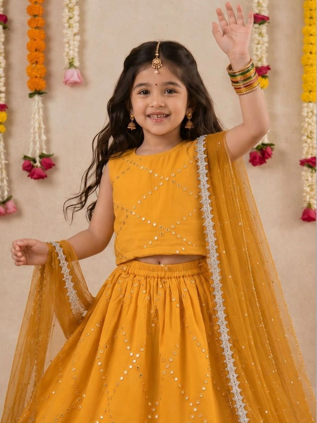 Girls Embellished Mirror Work Ready to Wear Lehenga & Blouse With Dupatta 6