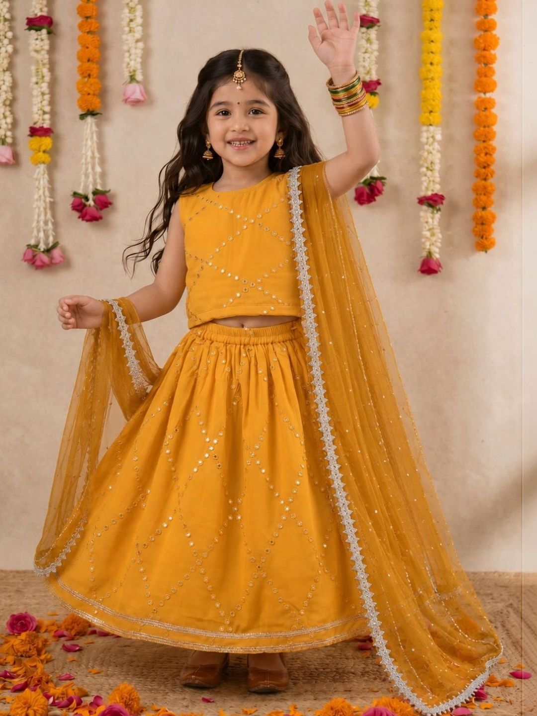 Girls Embellished Mirror Work Ready to Wear Lehenga & Blouse With Dupatta
