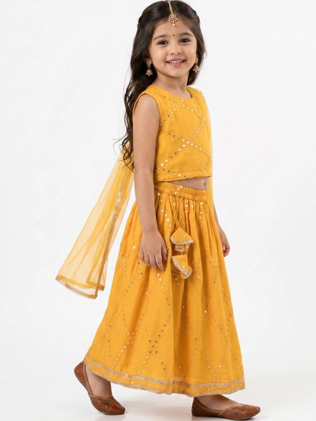 Girls Embellished Mirror Work Ready to Wear Lehenga & Blouse With Dupatta 4