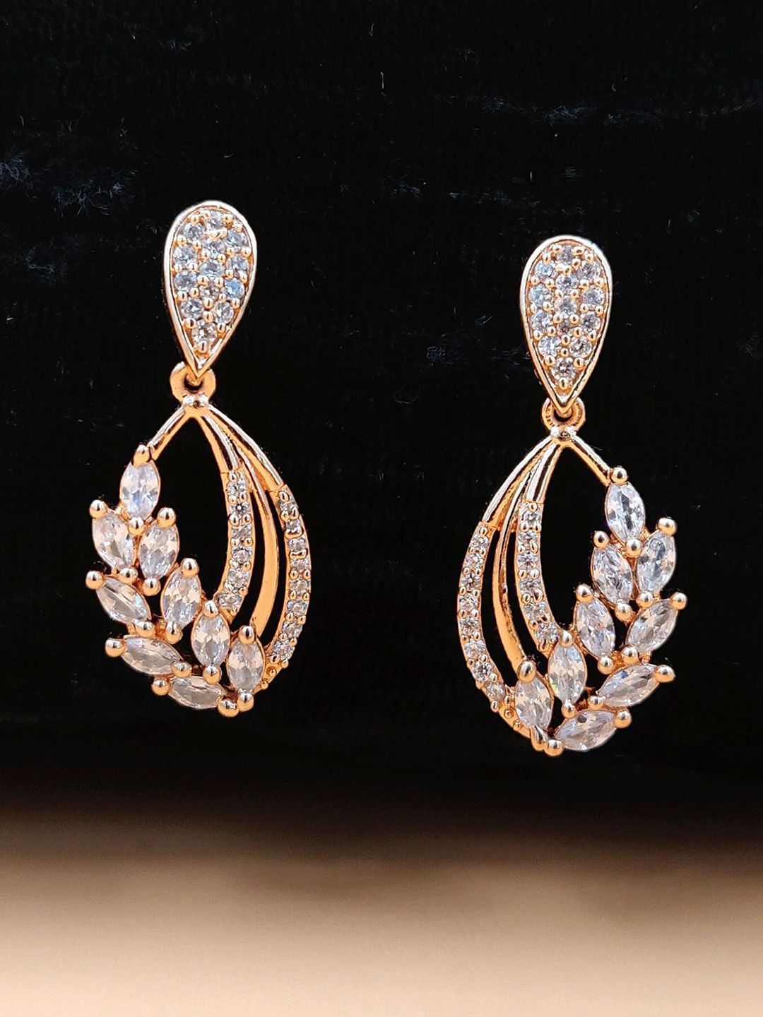 JYONA Rose Gold plated  Cubic Zirconia Studded Contemporary Drop Earrings