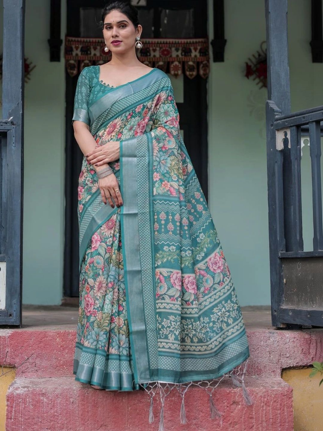 Floral Linen Blend Bhagalpuri Saree