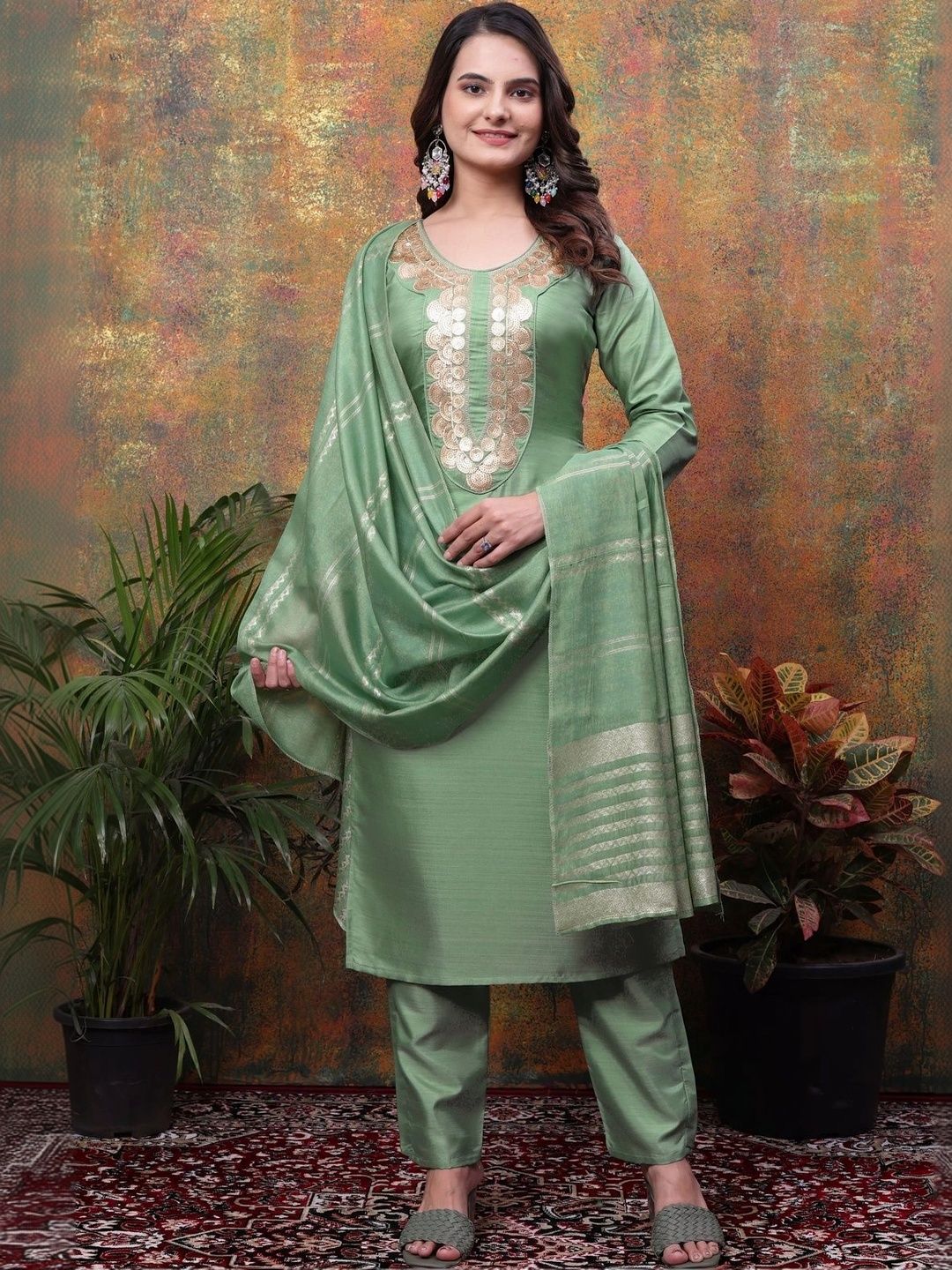 Sangria Women Ethnic Motifs Embroidered Regular Kurta with Trousers & With Dupatta