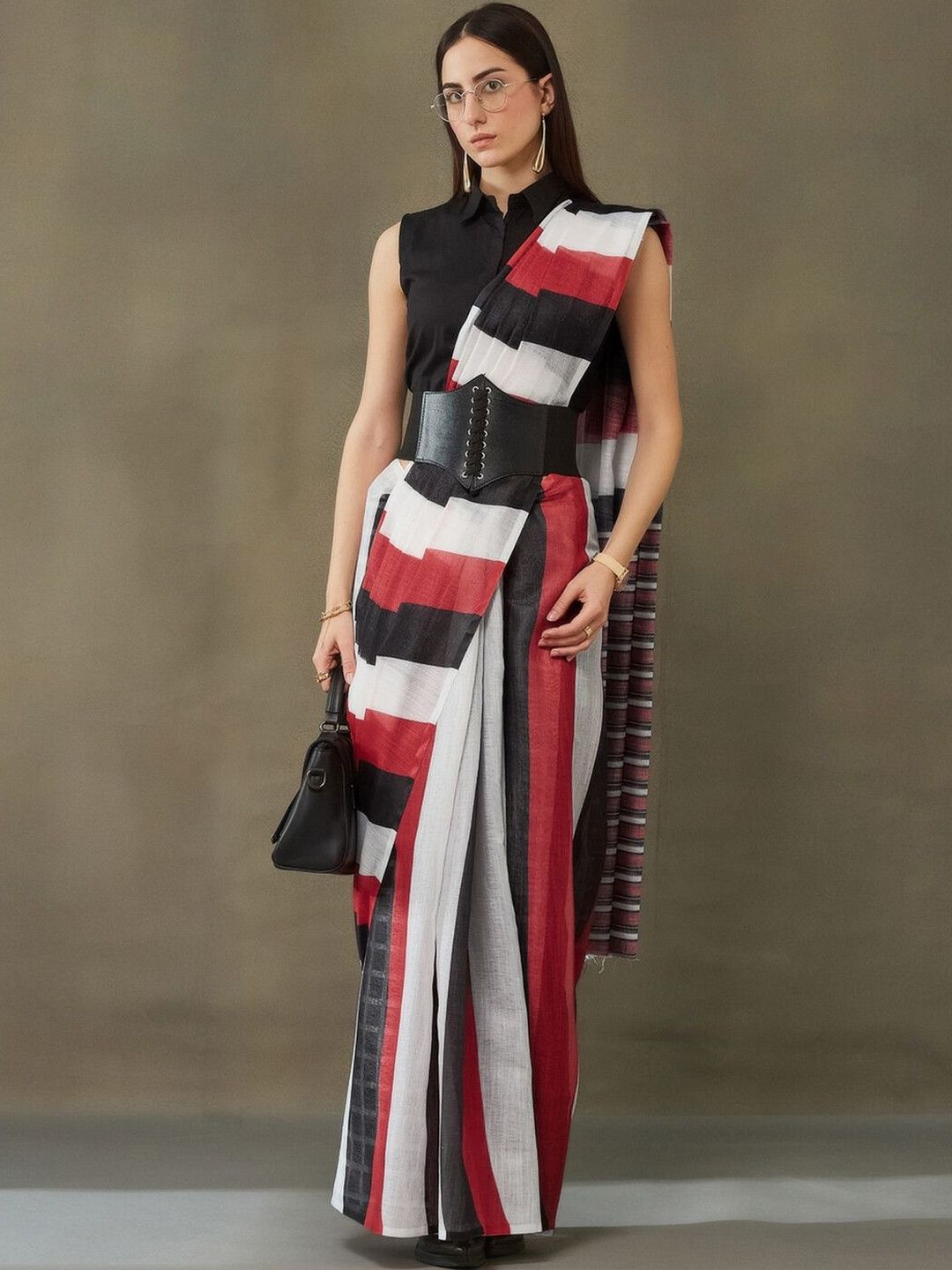 Navibhu Contemporary Handloom Striped Pure Linen Saree