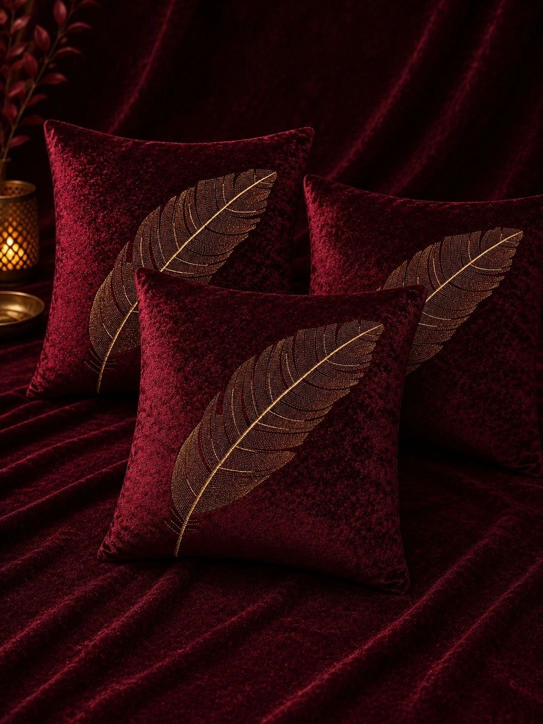VORNEXA Maroon Set of 3 Embroidered Velvet Square Cushion Covers