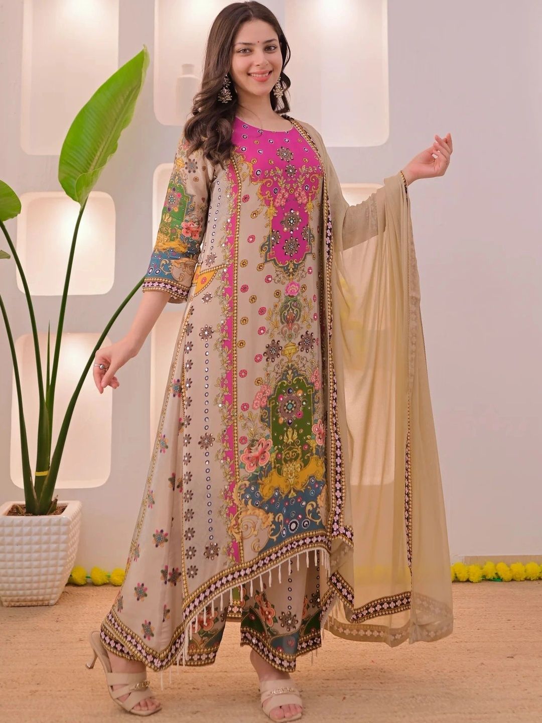 Women Ethnic Motifs Printed Regular Silk Crepe Kurta with Patiala & With Dupatta 2
