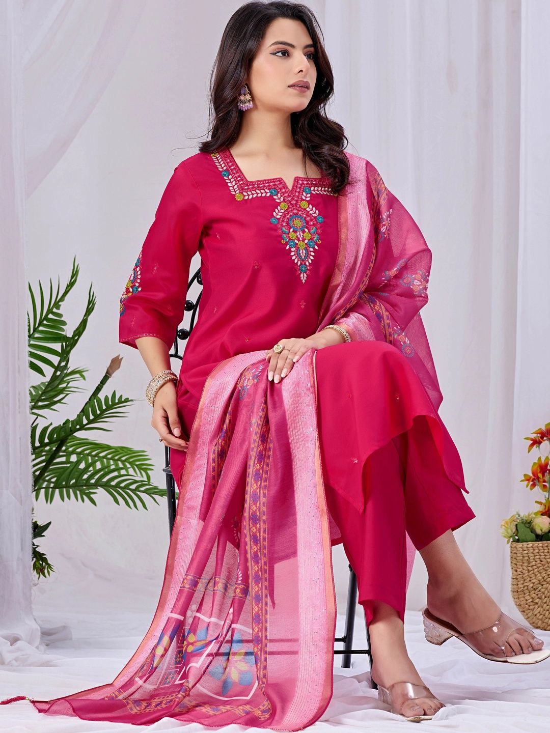 Women Ethnic Motifs Embroidered Regular Thread Work Kurta with Palazzos & With Dupatta 4