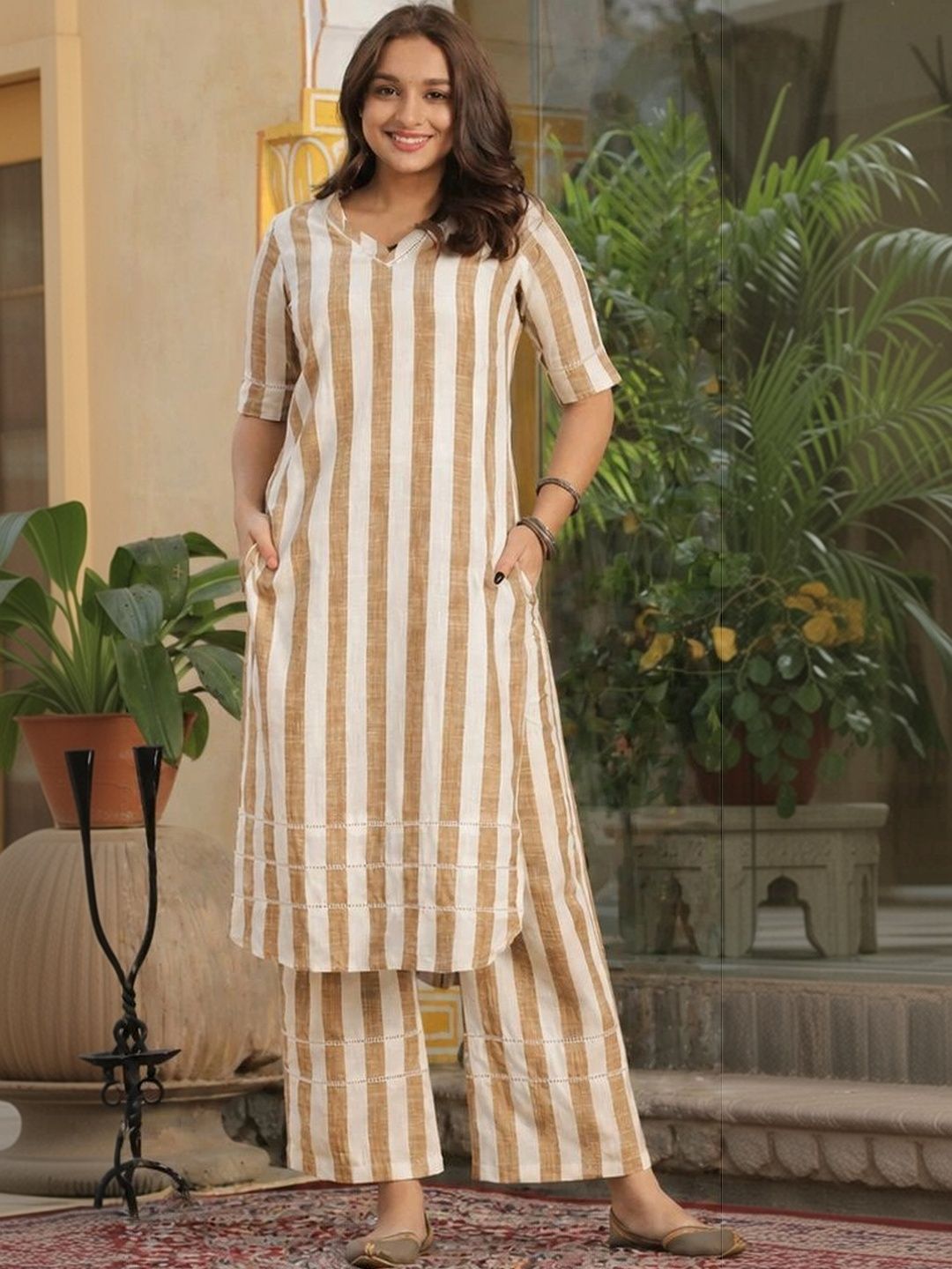 Women Striped Regular Kurti with Palazzos
