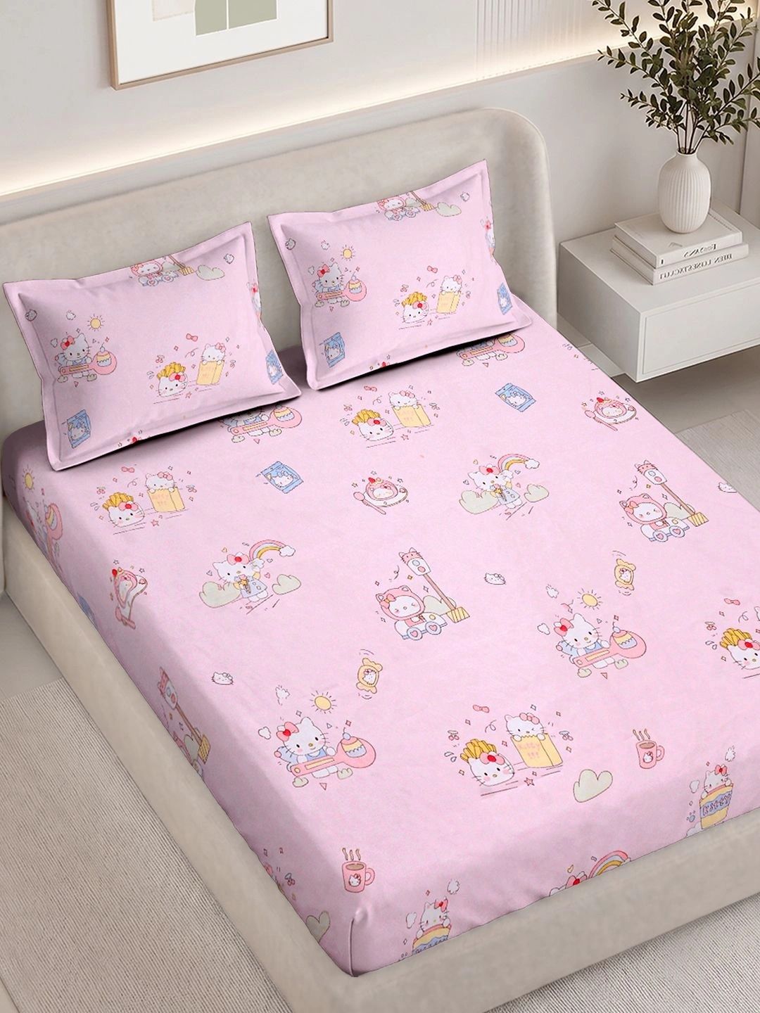 Buy FABINALIV Pink Cartoon Characters 300 TC King Bedsheet With 2 Pillow Covers -  - Home for Unisex Kids