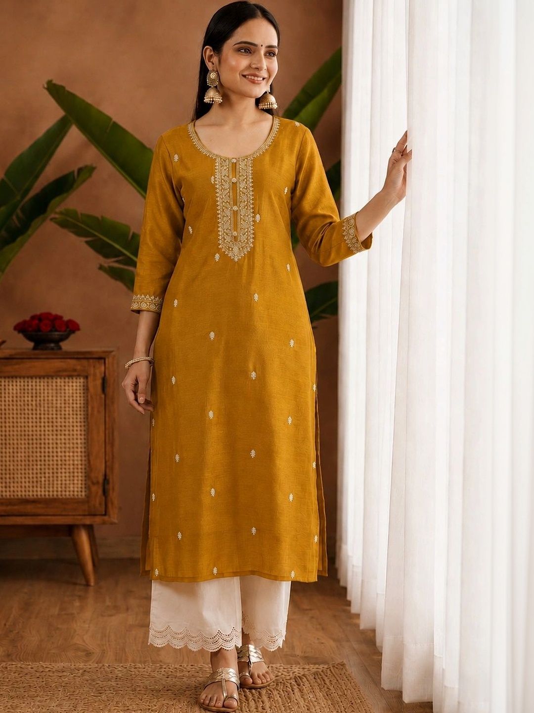 FORKEY Women Embroidered Thread Work Kurta