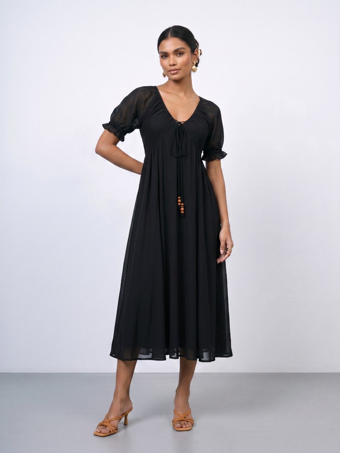 Phosphorus Puff Sleeve Fit & Flare Midi Dress