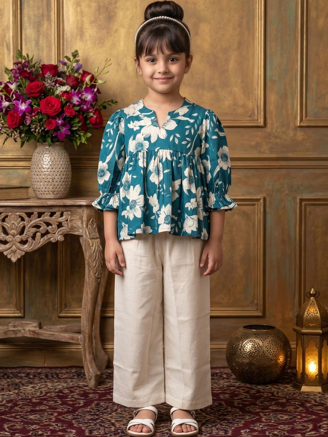 BAESD Girls Floral Printed Empire Pure Cotton Kurti with Trousers