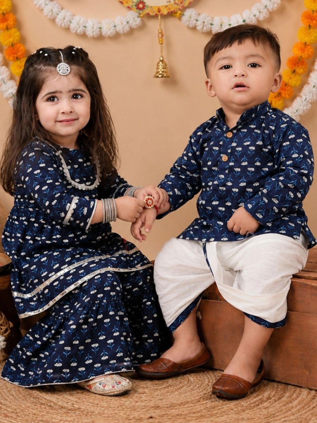 Girls Ethnic Motifs Printed Tiered Pure Cotton Kurta with Sharara 2