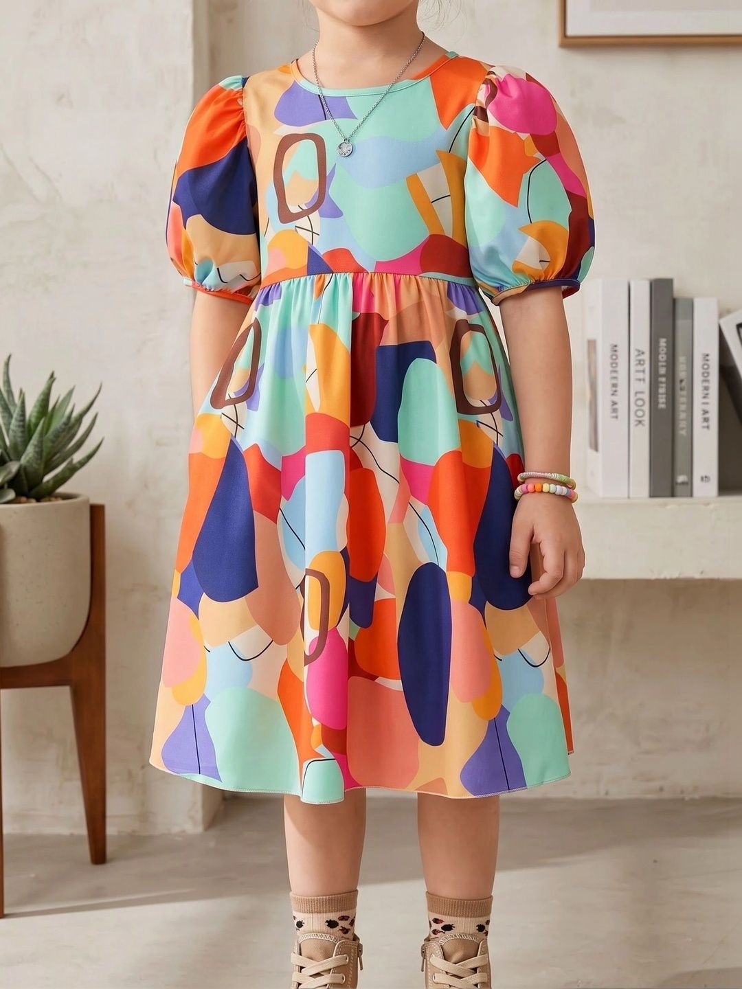 Print Puff Sleeve Crepe A-Line Dress 4