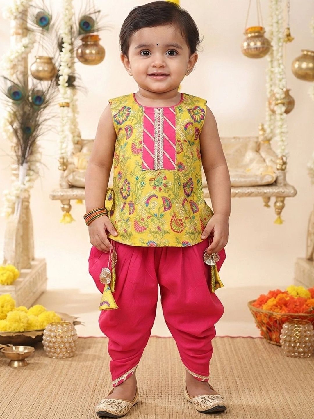 Girls Ethnic Motifs Printed Regular Pure Cotton Kurta with Dhoti Pants