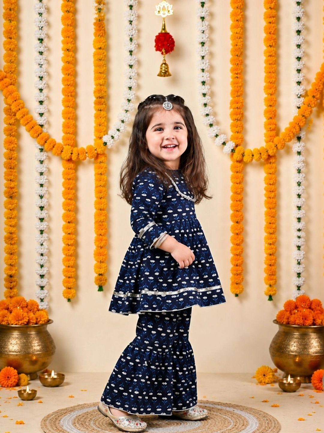 Girls Ethnic Motifs Printed Tiered Pure Cotton Kurta with Sharara 3