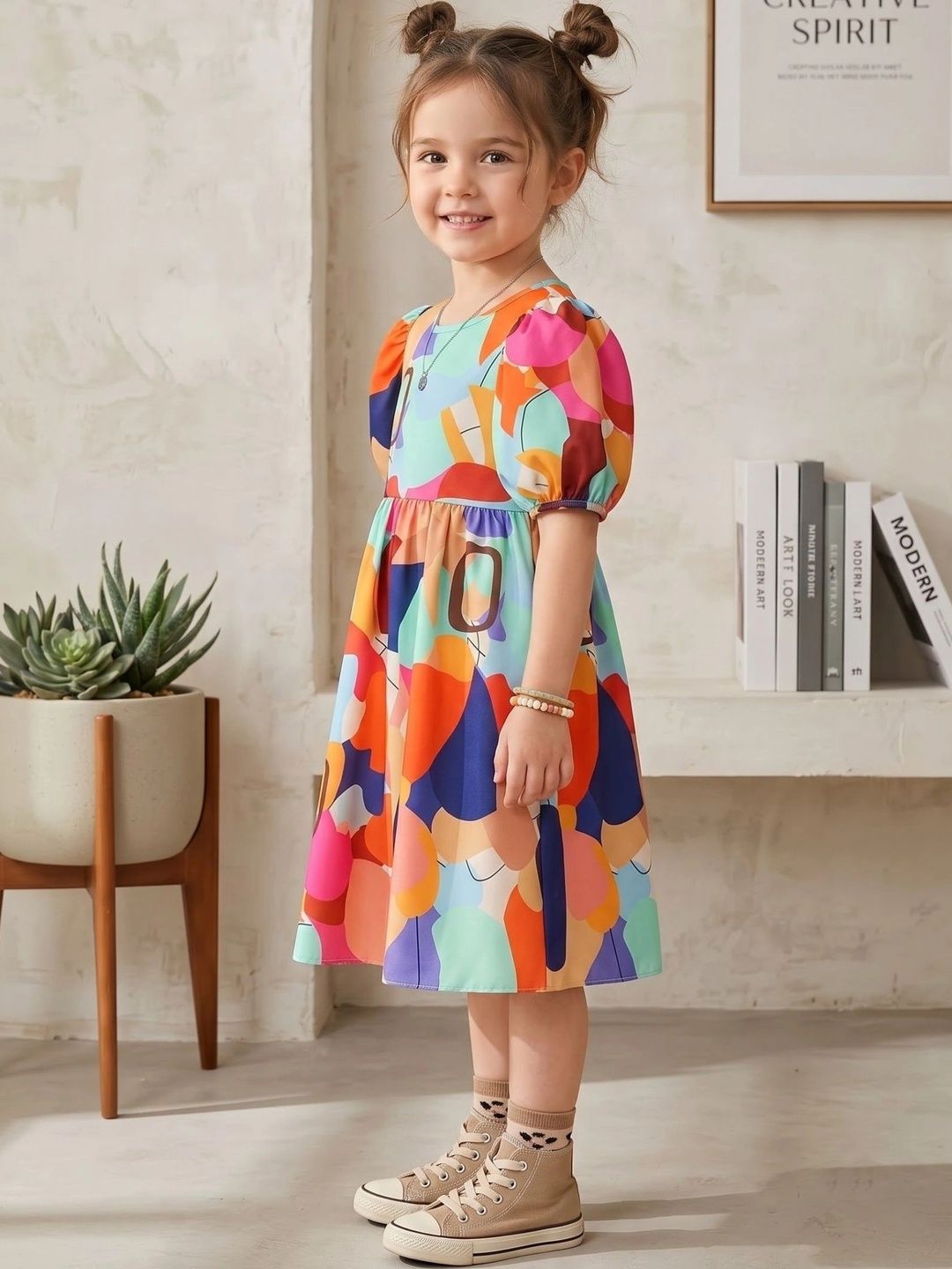 Print Puff Sleeve Crepe A-Line Dress 2