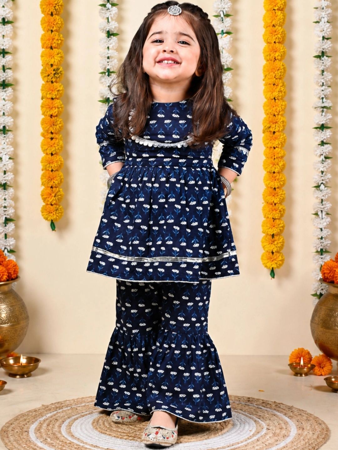 Girls Ethnic Motifs Printed Tiered Pure Cotton Kurta with Sharara 4