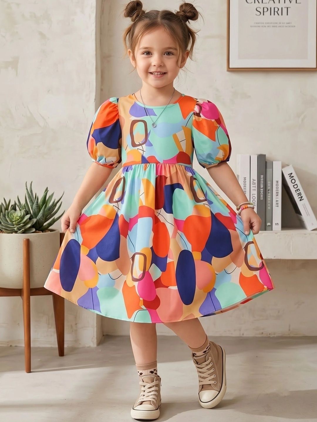 Print Puff Sleeve Crepe A-Line Dress 5
