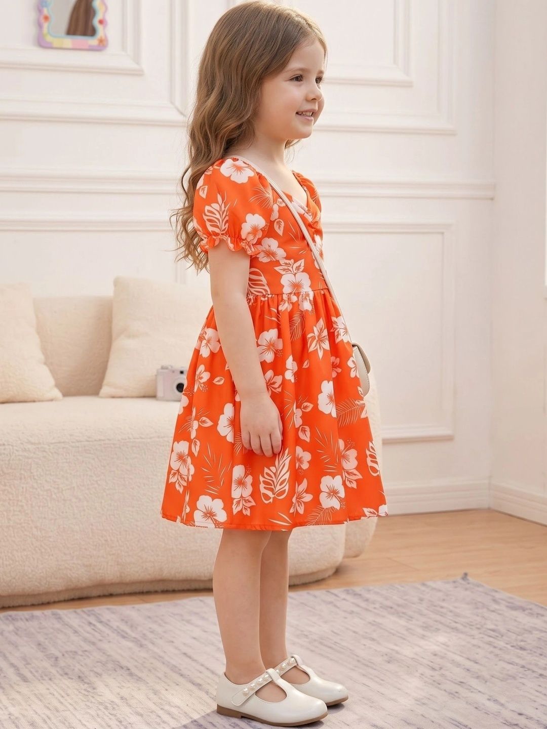 Floral Print Puff Sleeve A-Line Dress 4