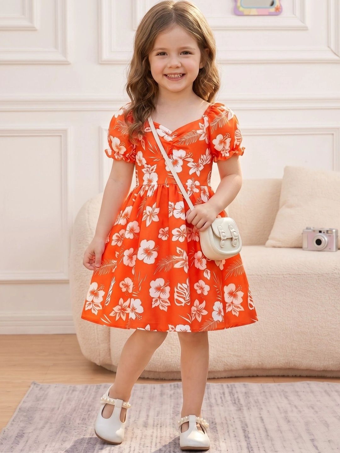 Floral Print Puff Sleeve A-Line Dress
