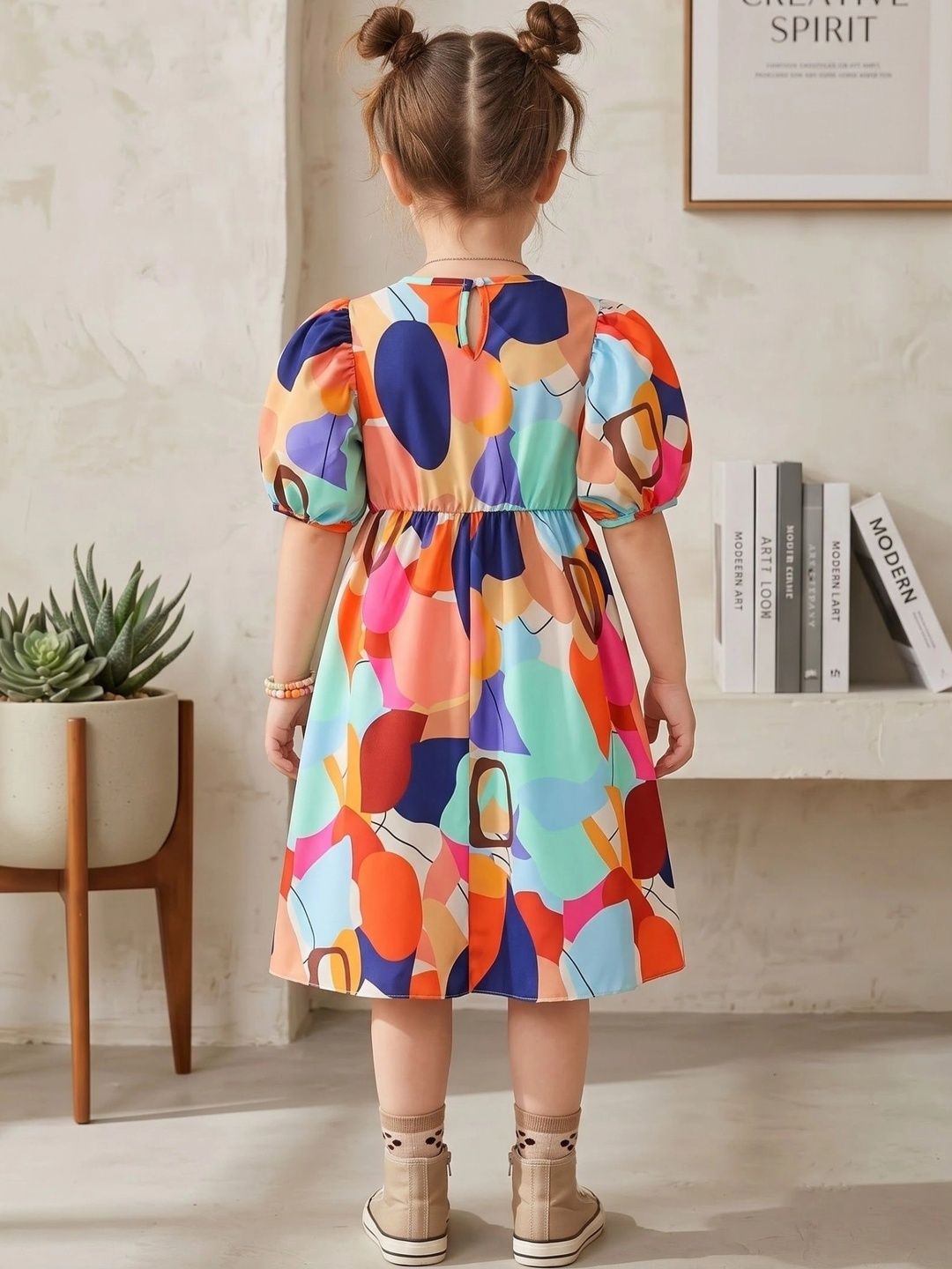 Print Puff Sleeve Crepe A-Line Dress 3