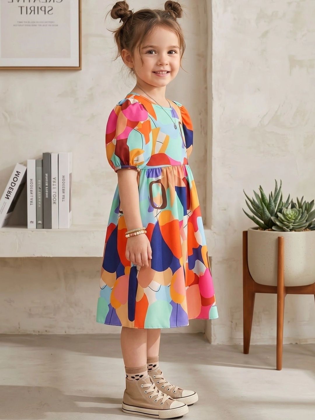 Print Puff Sleeve Crepe A-Line Dress 6