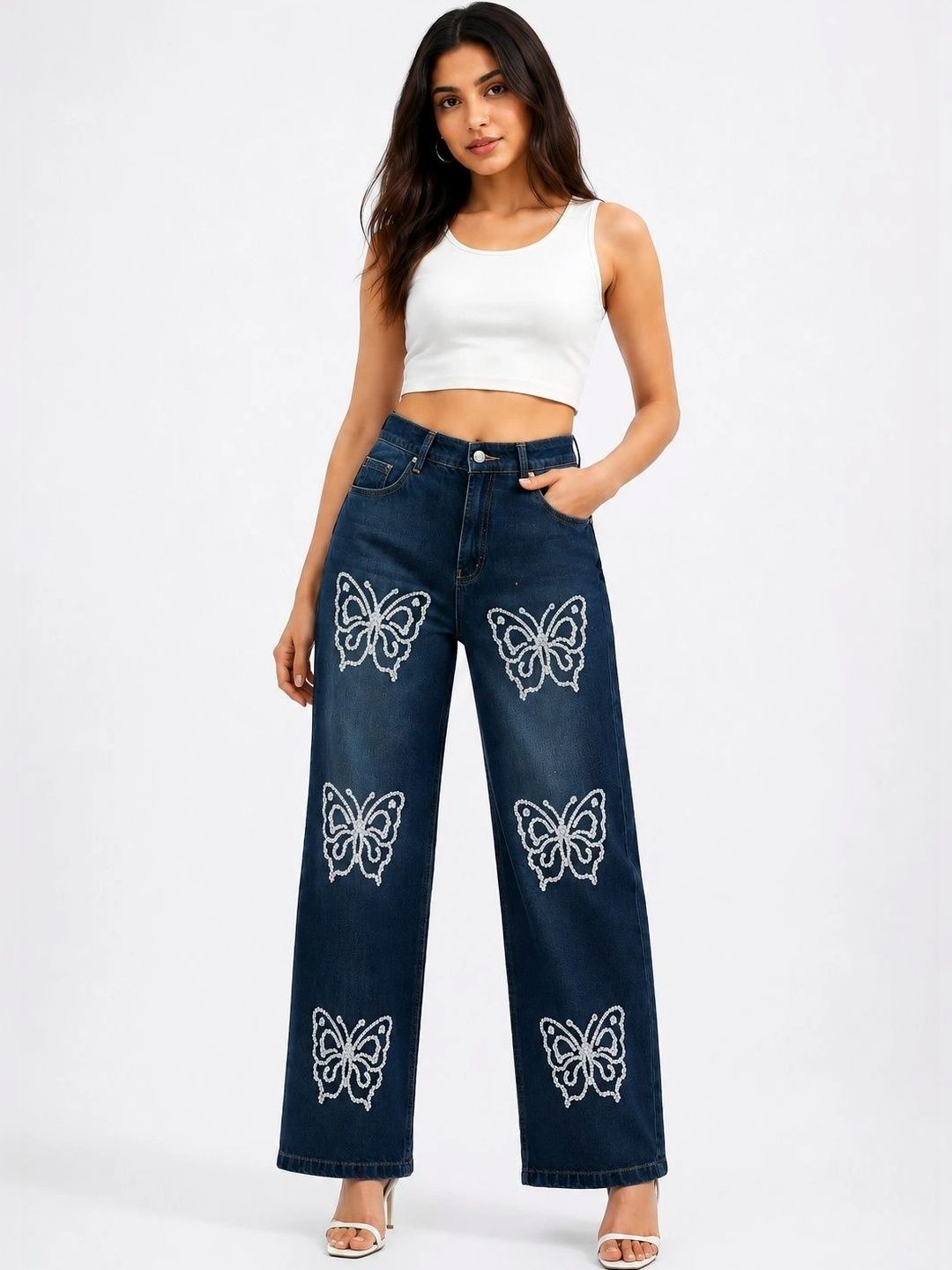 Women Wide Leg Mid-Rise Light Fade Embellished Jeans