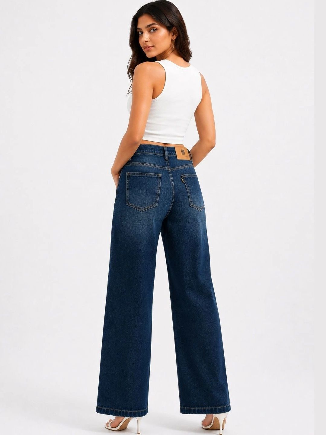 Women Wide Leg Mid-Rise Light Fade Embellished Jeans 2