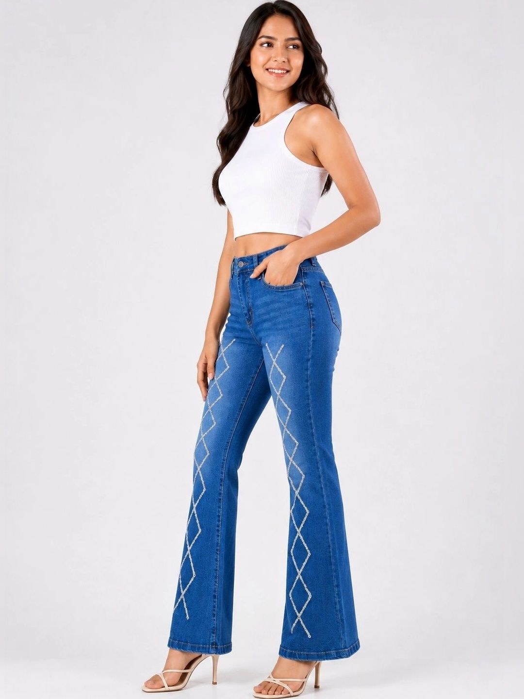 Women Wide Leg Mid-Rise Light Fade Embellished Jeans 2