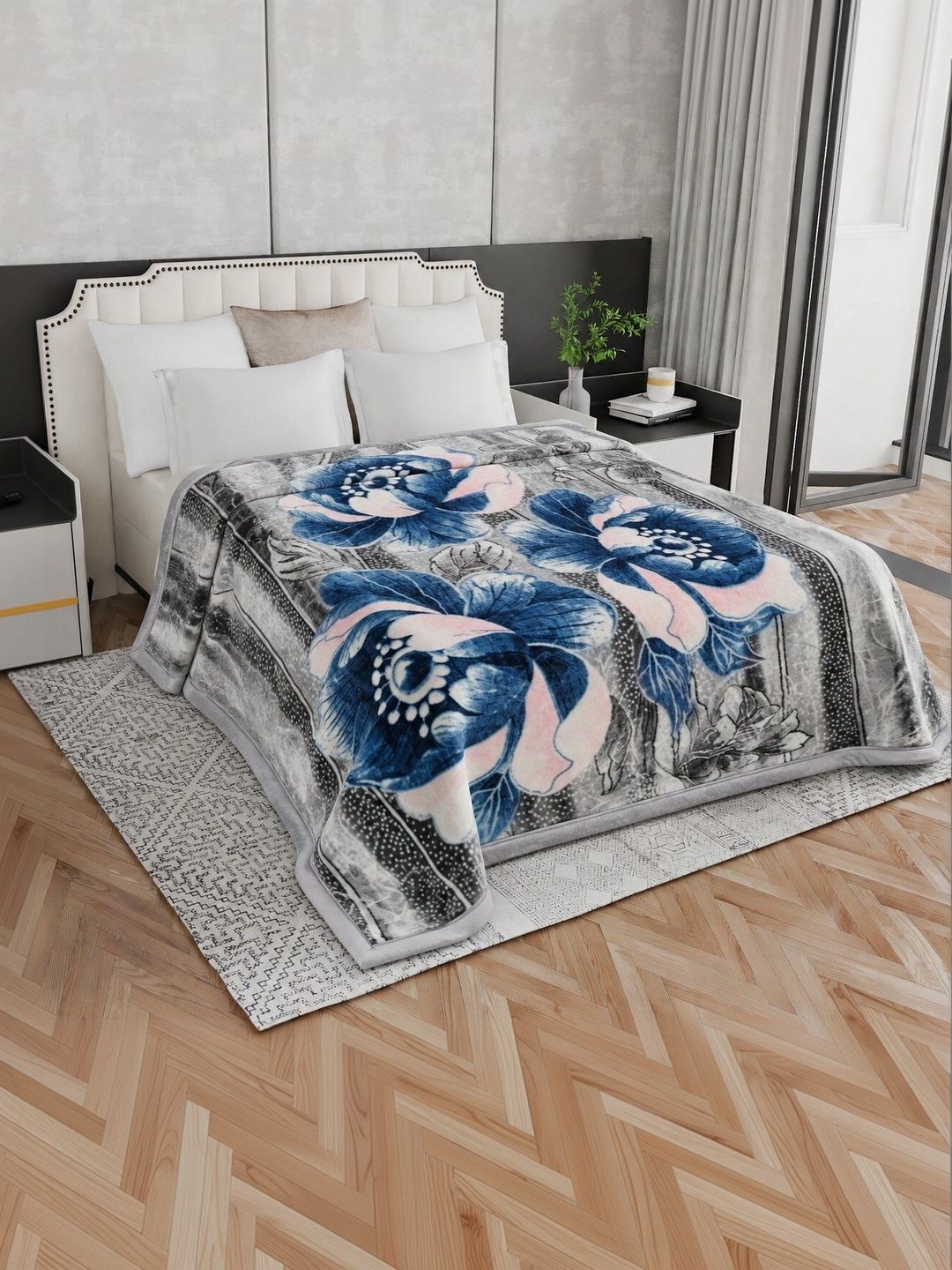 Signature Blue & Pink Floral Mink Heavy Winter Blanket