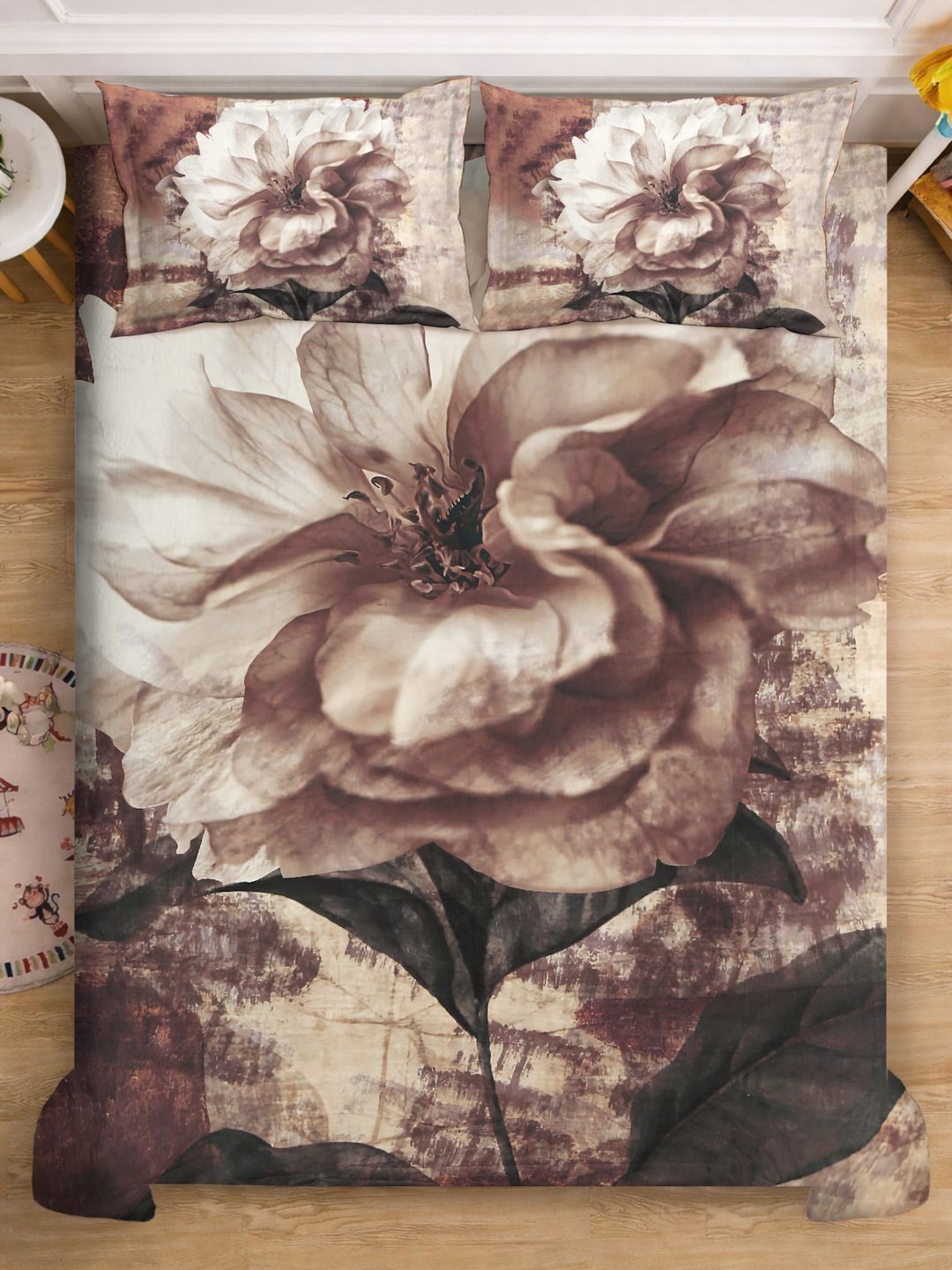 Buy KLOTTHE Brown Floral Printed 400TC Double King 7D Bedsheet With 2 Pillow Cover 250X225 Cm -  - Home for Unisex