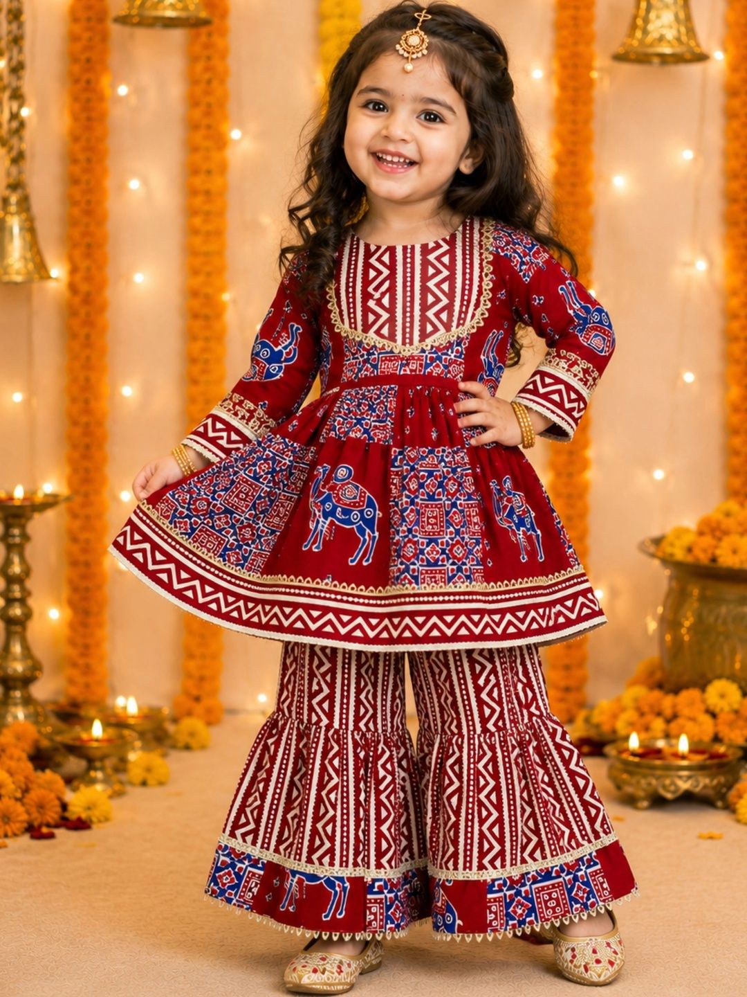 Girls Ethnic Motifs Printed Regular Pure Cotton Kurta with Sharara 2