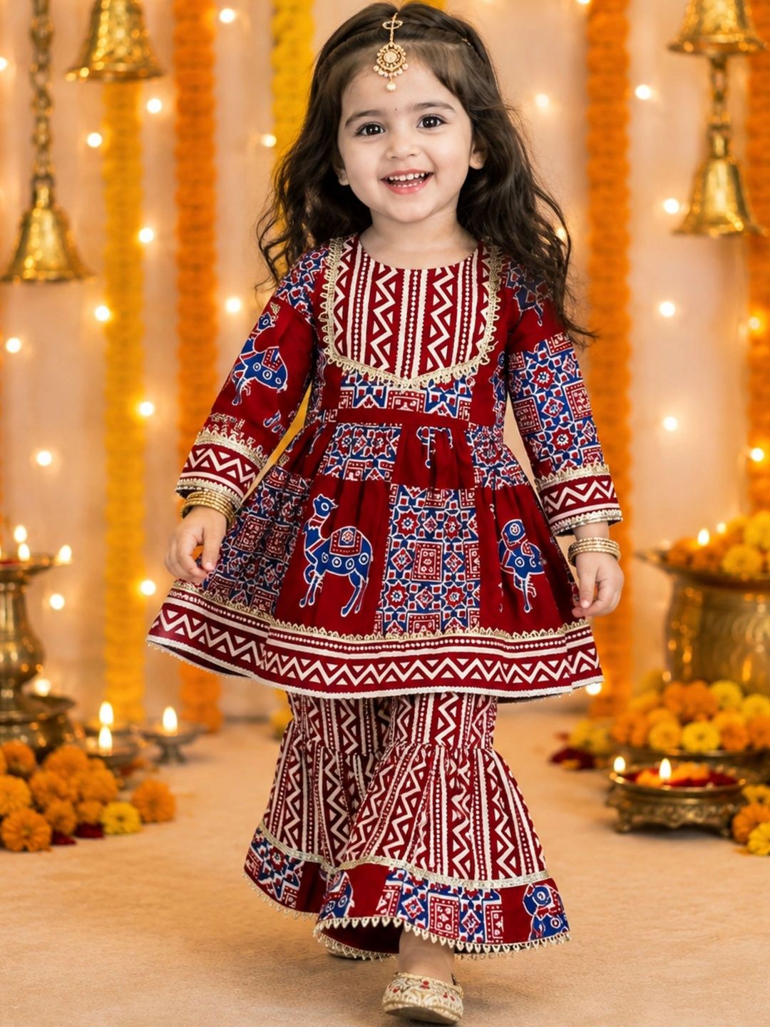 Girls Ethnic Motifs Printed Regular Pure Cotton Kurta with Sharara