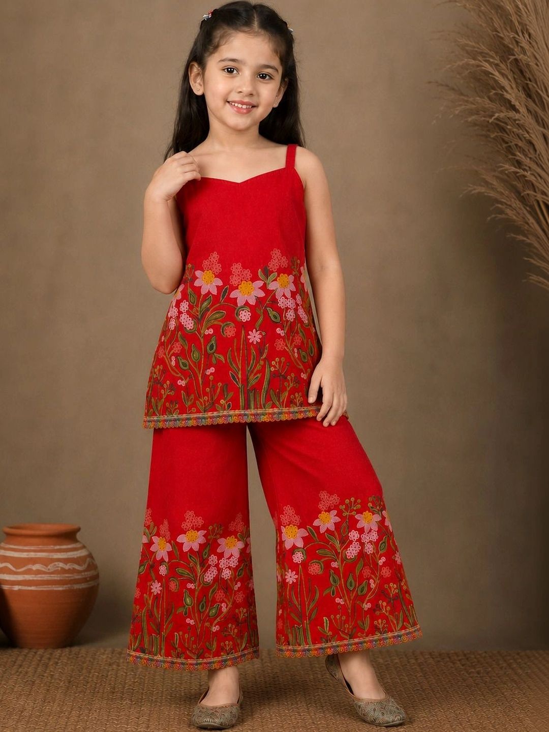 Girls Floral Embroidered Regular Sequinned Kurta with Palazzos 2