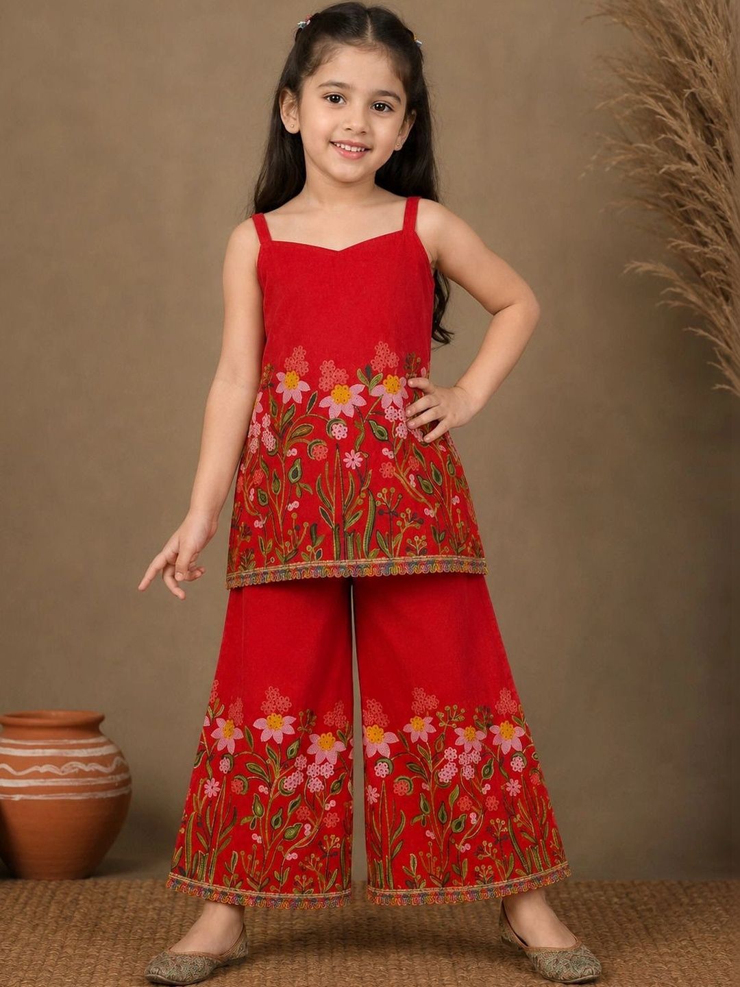 Girls Floral Embroidered Regular Sequinned Kurta with Palazzos