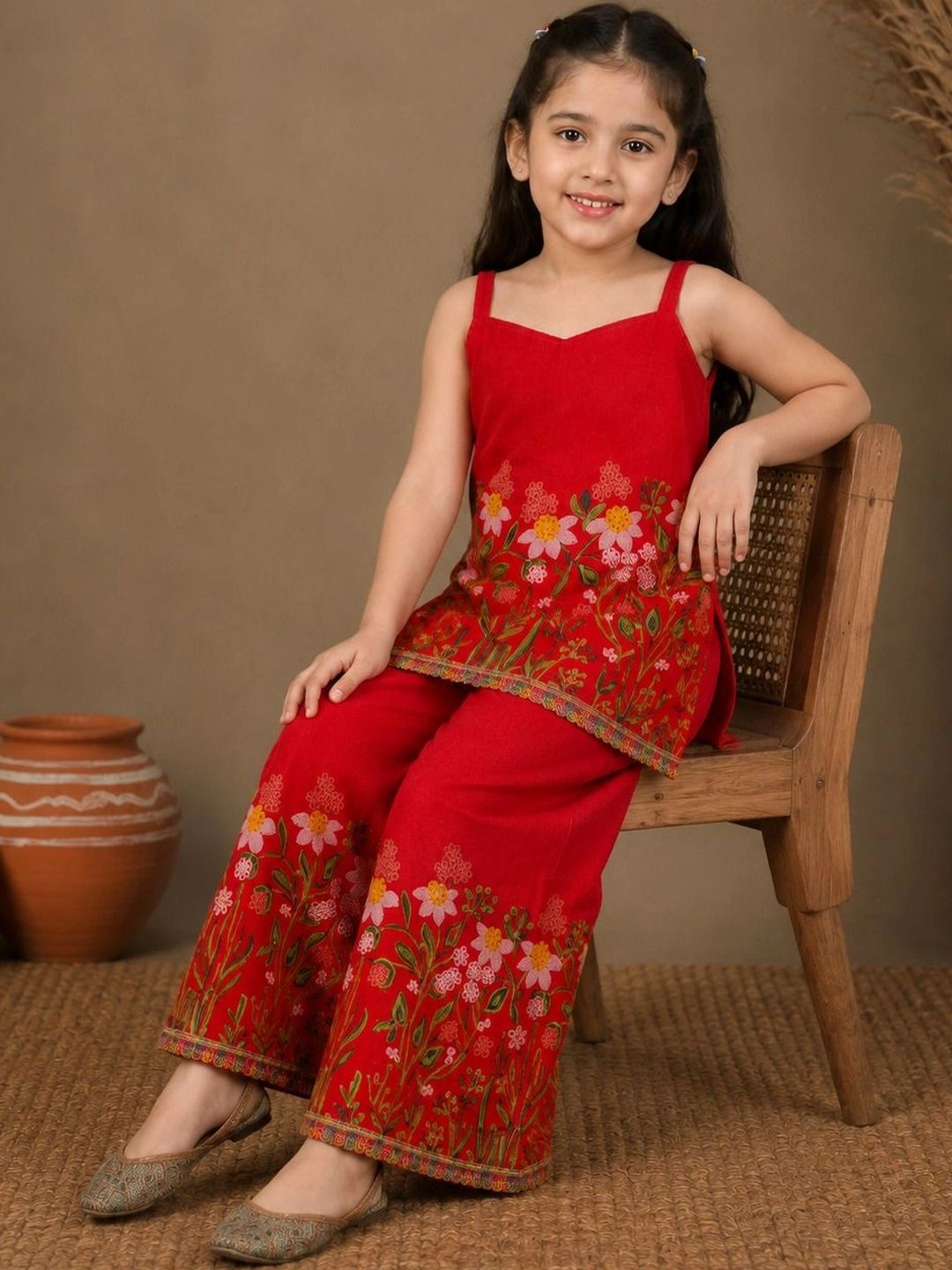 Girls Floral Embroidered Regular Sequinned Kurta with Palazzos 6