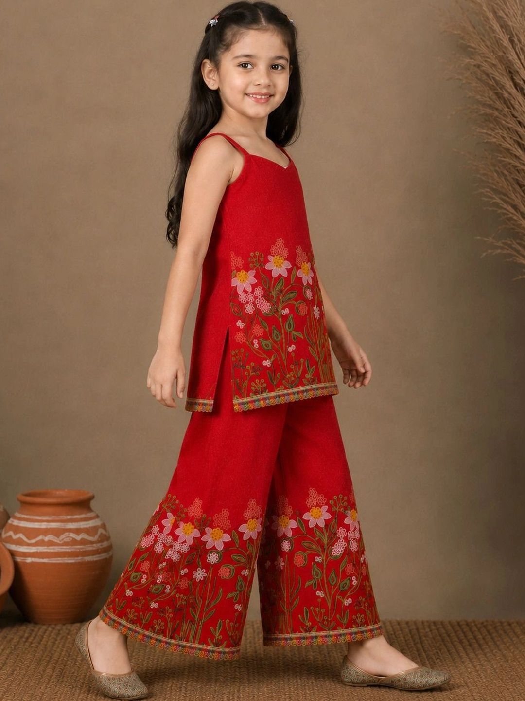 Girls Floral Embroidered Regular Sequinned Kurta with Palazzos 3
