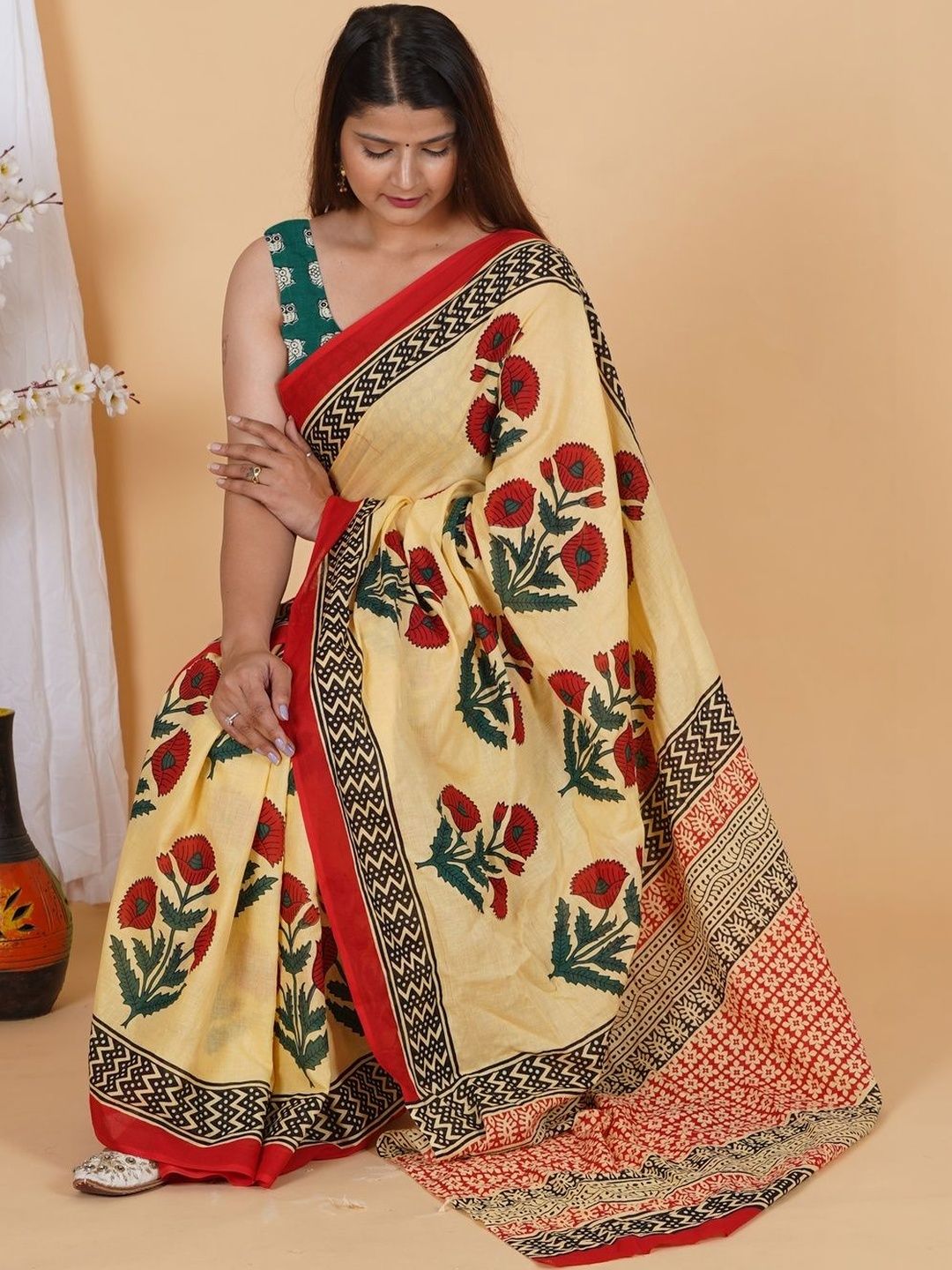 HERE&NOW Floral Pure Cotton Ikat Saree