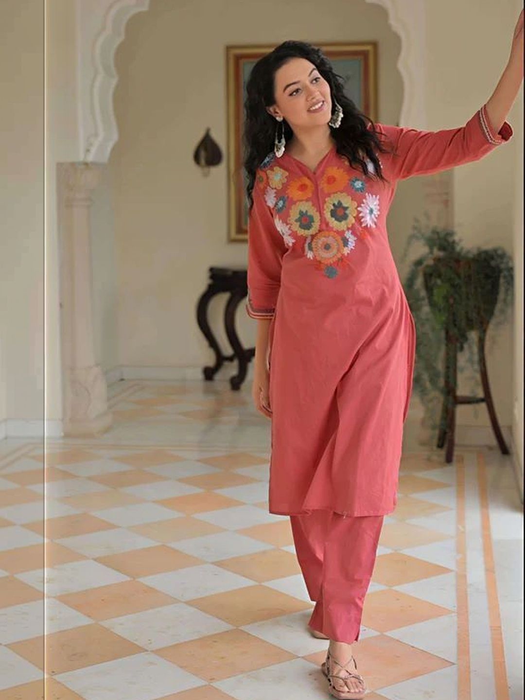 MYRIE Summer Checks Chanderi Embroidered Tunic with Trousers