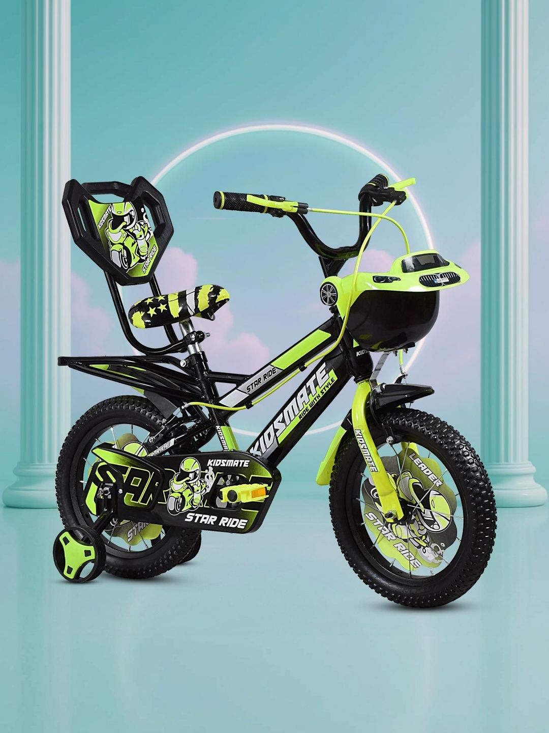 KIDSMATE Star Ride 16T Kids Bicycle with Training Wheels - Neon Green