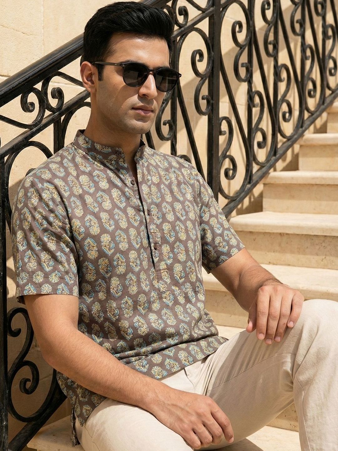 CHHAAP Block Cotton Floral Straight Above Knee Kurta