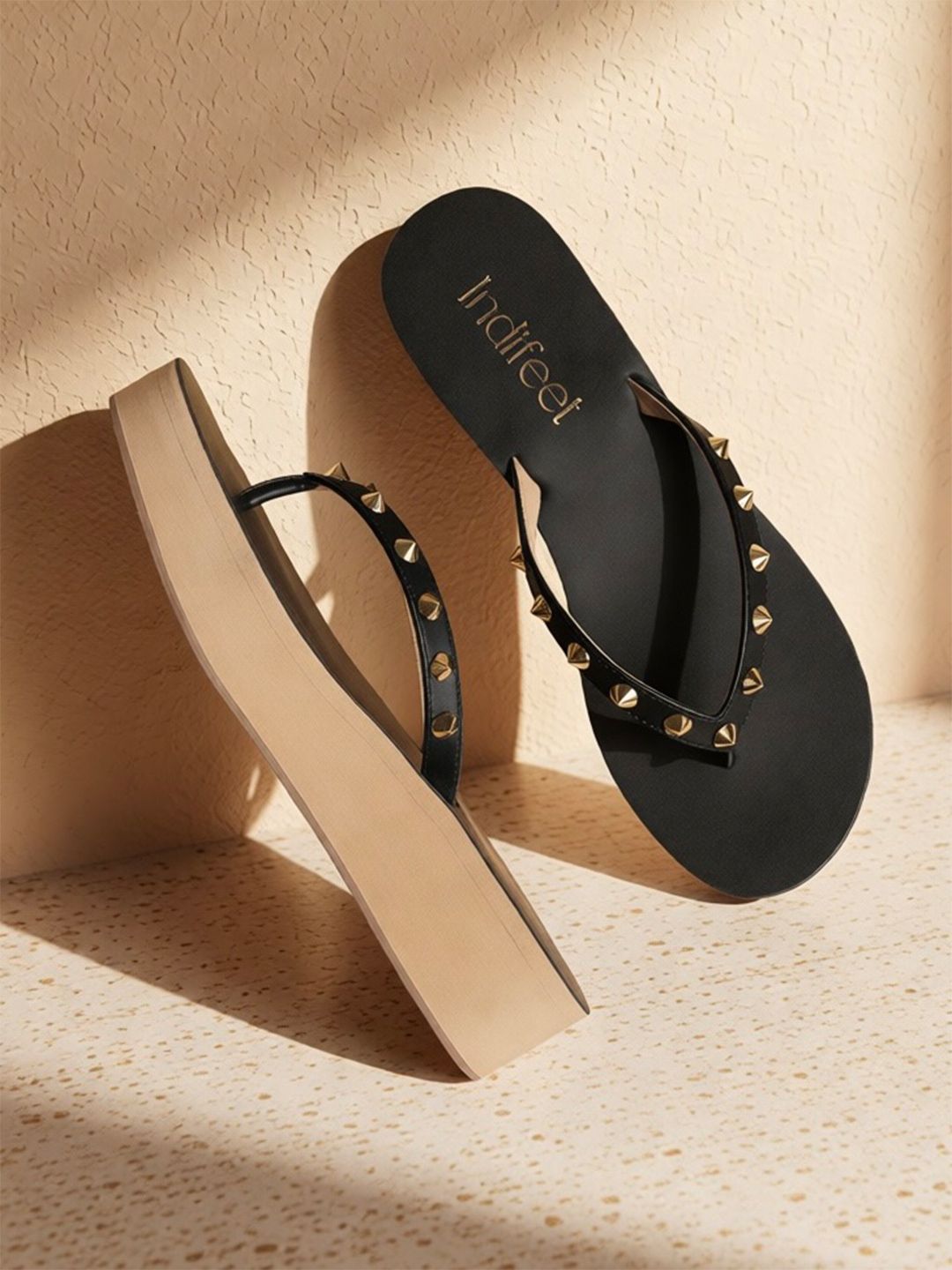Indifeet Women Embellished Open Toe Black Thong Platform Chappals