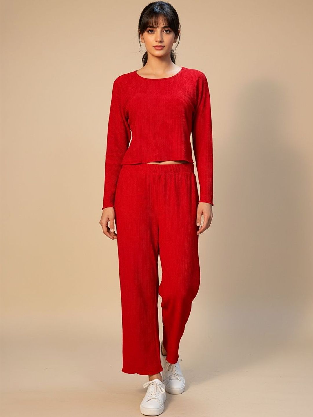 FABLAND Red Solid Co-Ord Set with Trousers