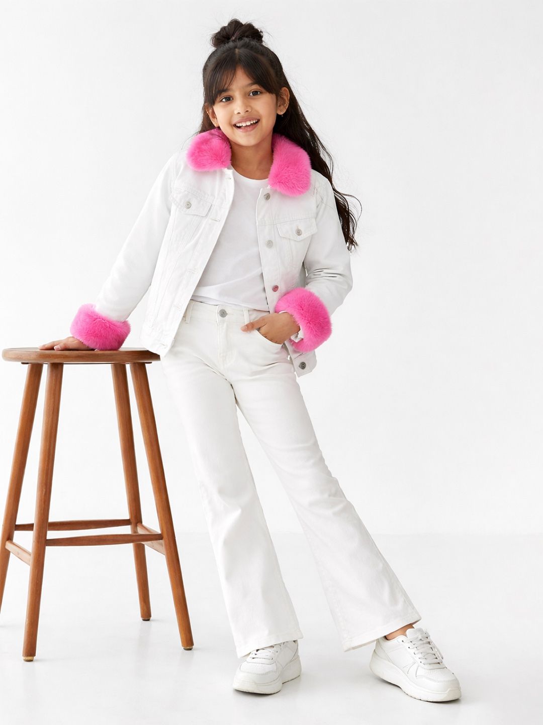 TALES & STORIES Girls Solid White Washed Lightweight Cotton Crop Tailored Jacket