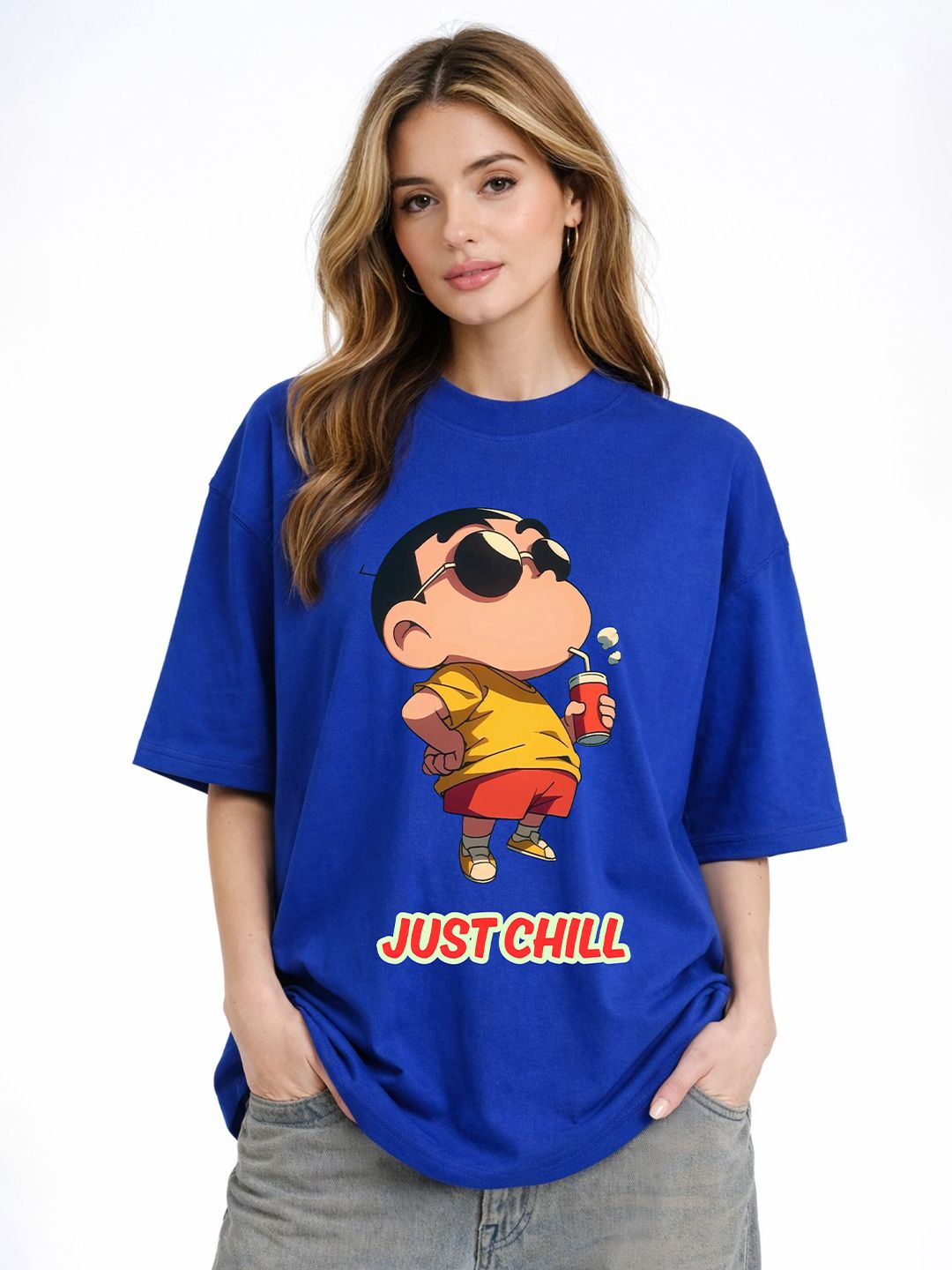 RAYACLOSET Graphic Printed Round Neck Drop Shoulder Cotton Oversized T-shirt