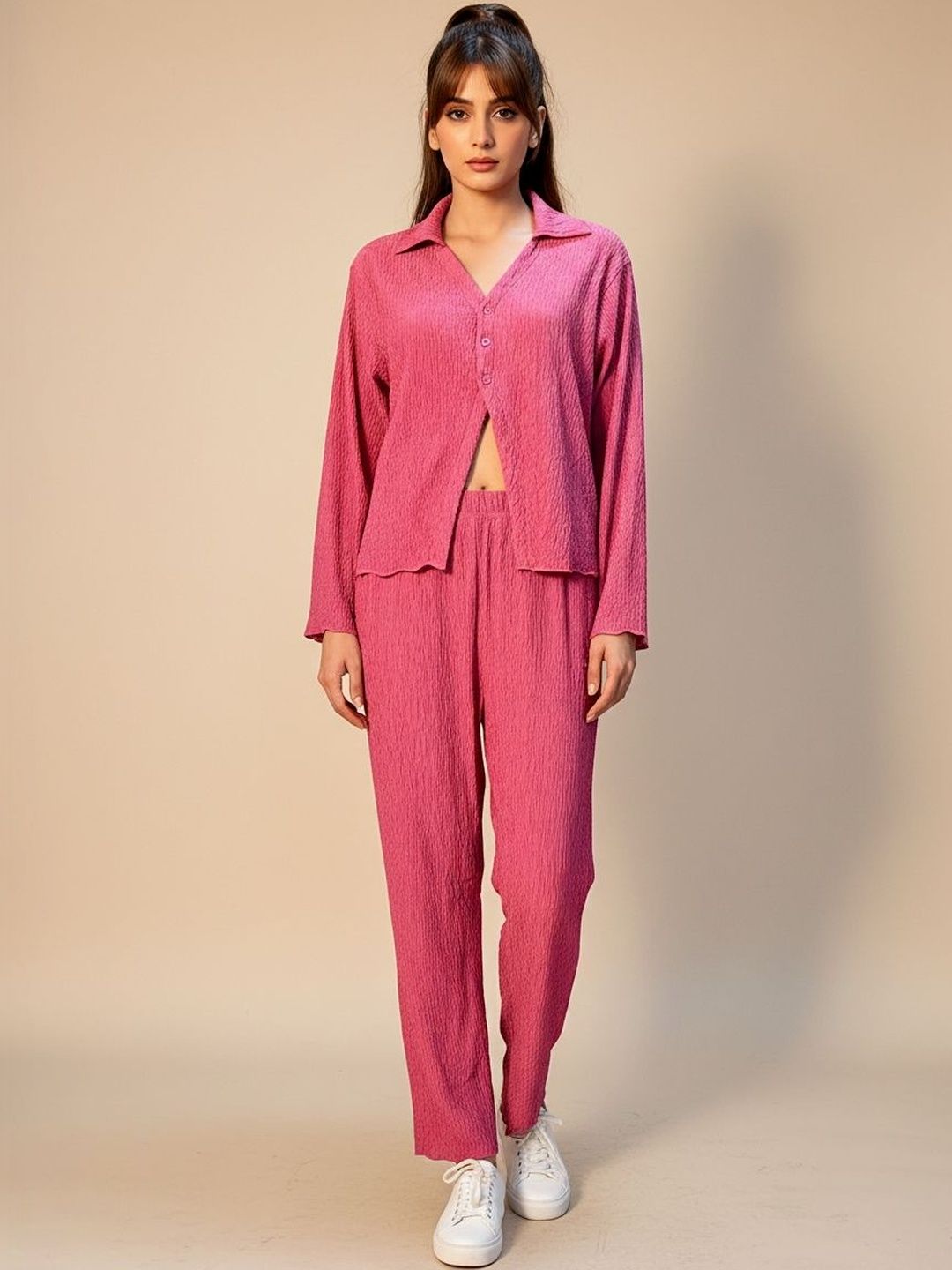 FABLAND Pink Solid Shirt with Trousers