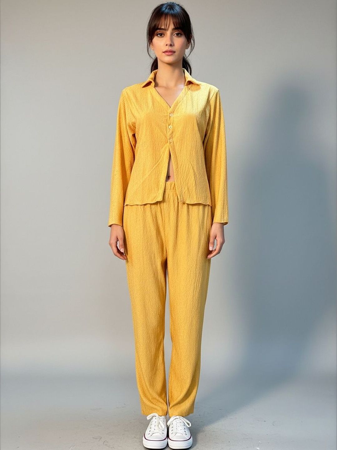 FABLAND Yellow Solid Shirt and Trousers Set