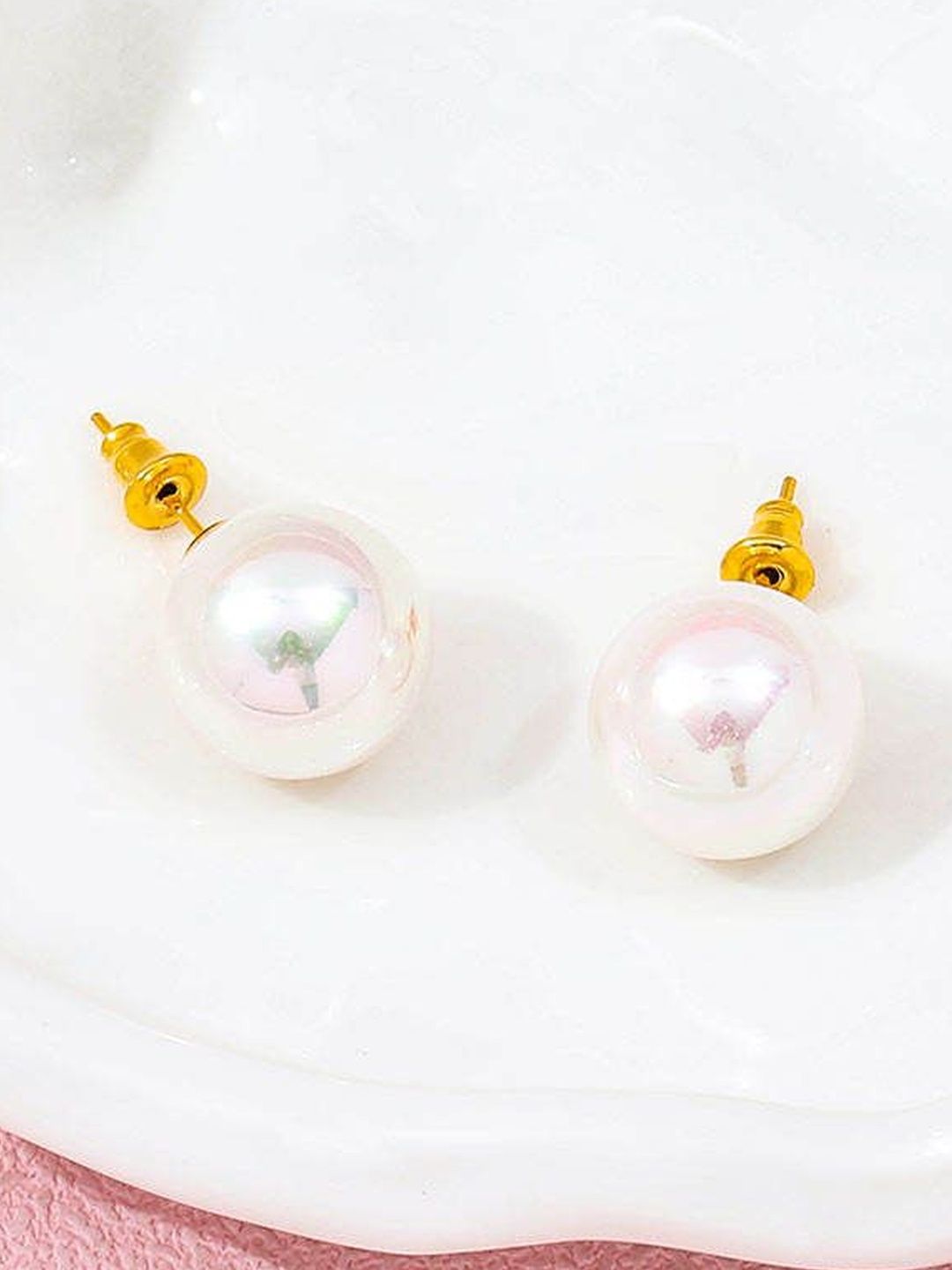 NAITRA 18K Gold Plated Classic Big Pearl Waterproof & Anti-Tarnish Stud Earrings