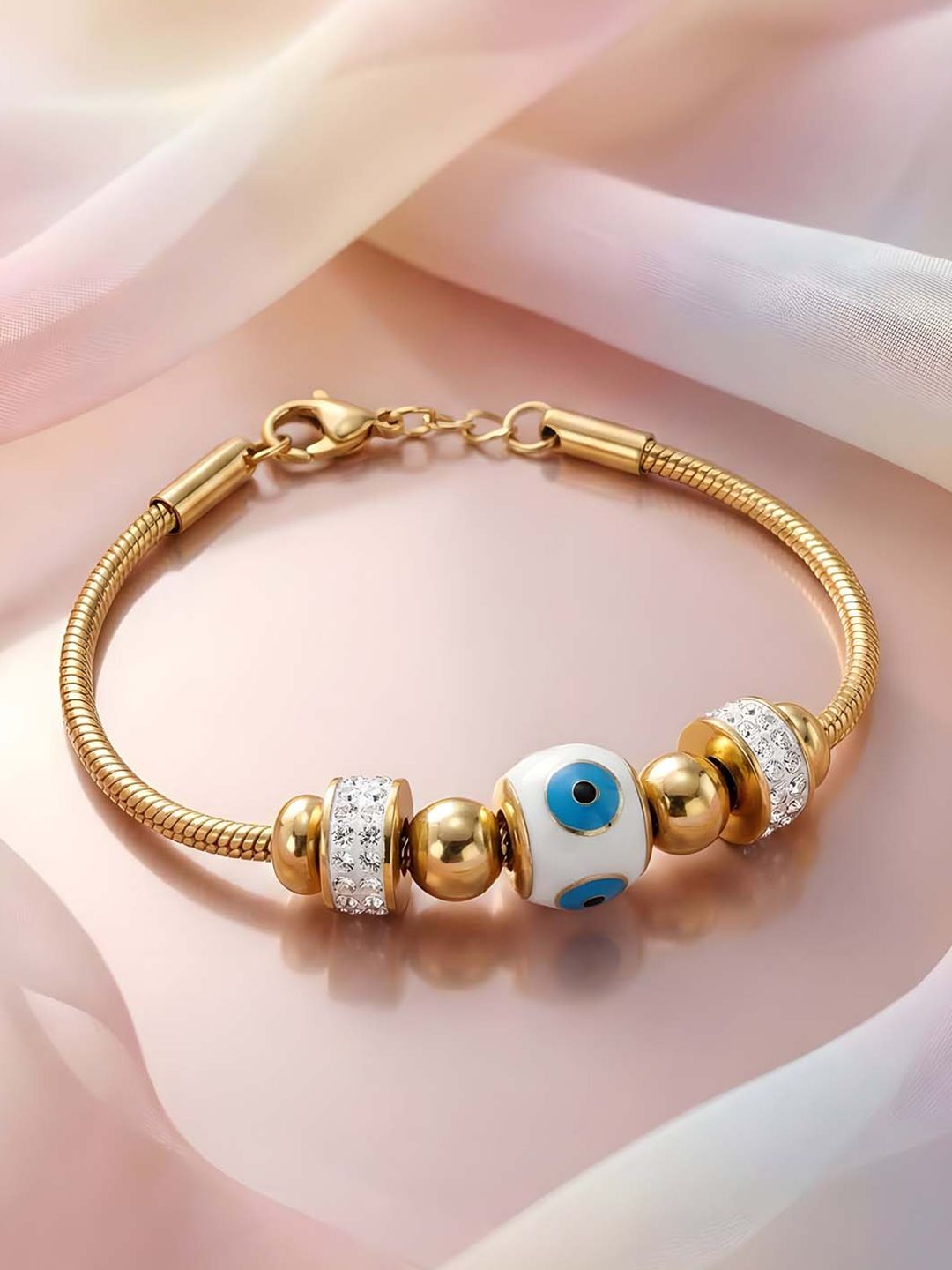ADIVA 18K Gold-Plated Anti-Tarnish Snake Chain Evil Eye & Crystal Bracelet
